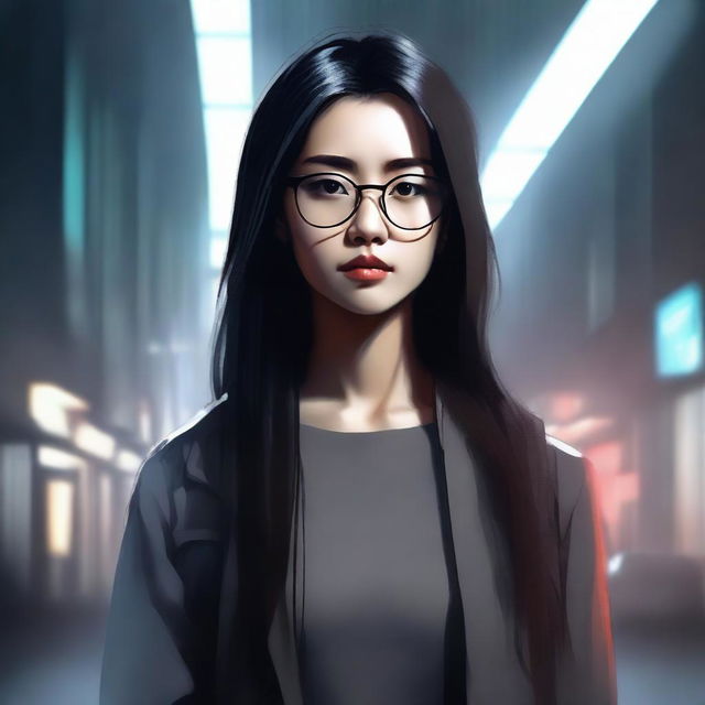 A digital painting of a young Asian woman with glasses and long straight hair