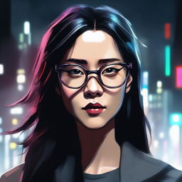 A digital painting of a young Asian woman with glasses and long straight hair