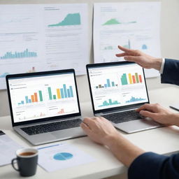 A dynamic scene of affiliate marketing; laptops with analytical graphs on-screen, marketing materials, and hands shaking in agreement.