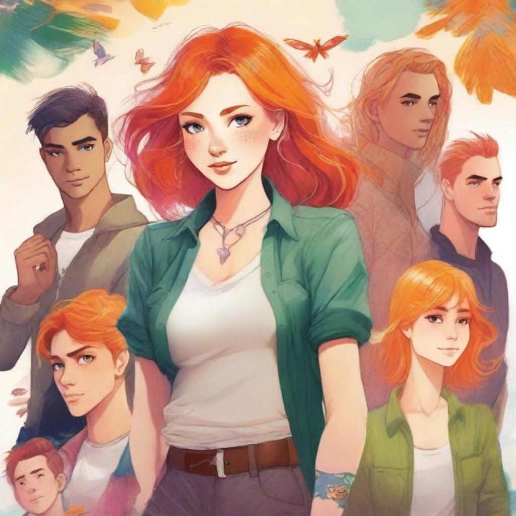 A book cover featuring an attractive girl with orange hair standing in the foreground