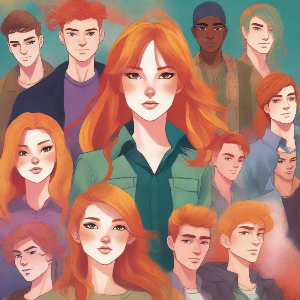 A book cover featuring an attractive girl with orange hair standing in the foreground