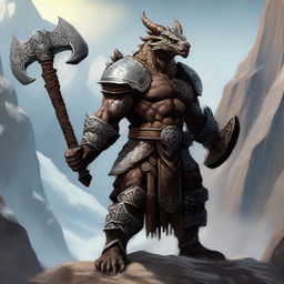 A fierce dragonborn barbarian stands tall with scales glistening under the sunlight