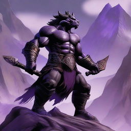 A fierce dragonborn barbarian stands tall with scales glistening under the sunlight, breathing a stream of purple fire