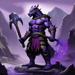 A fierce dragonborn barbarian stands tall with scales glistening under the sunlight, breathing a stream of purple fire