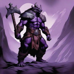 A fierce dragonborn barbarian stands tall with scales glistening under the sunlight, breathing a stream of purple fire