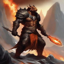 A fierce dragonborn barbarian stands tall with scales glistening under the sunlight, breathing a stream of fiery orange flames