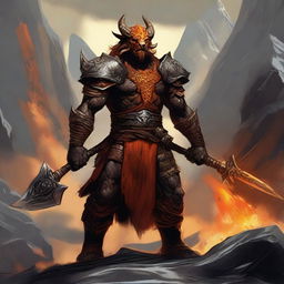 A fierce dragonborn barbarian stands tall with scales glistening under the sunlight, breathing a stream of fiery orange flames