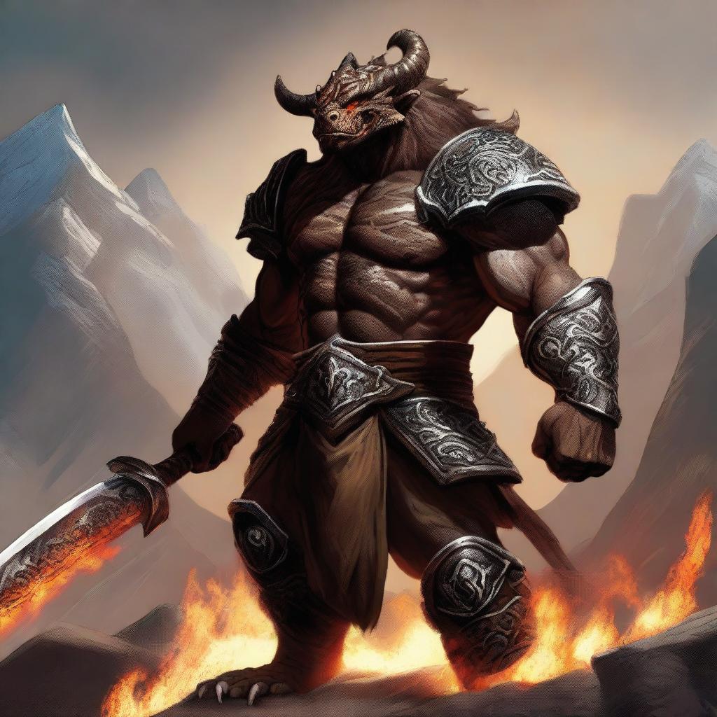 A fierce dragonborn barbarian stands tall with scales glistening under the sunlight, with fire spewing from his mouth