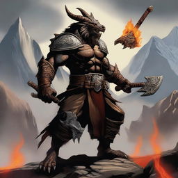 A fierce dragonborn barbarian stands tall with scales glistening under the sunlight, with fire spewing from his mouth