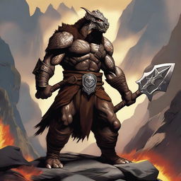 A fierce dragonborn barbarian stands tall with scales glistening under the sunlight, with fire spewing from his mouth