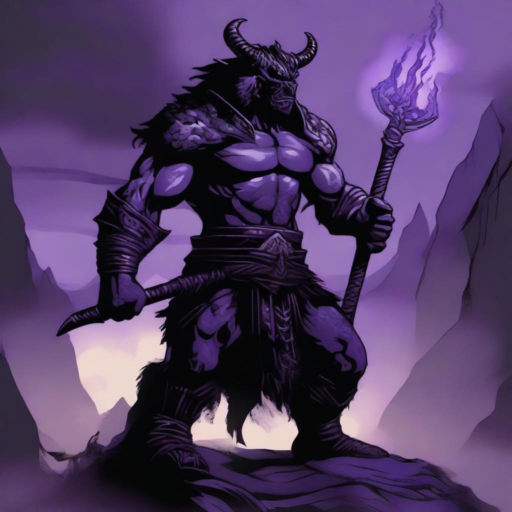 A fierce black dragonborn barbarian stands tall with dark scales glistening under the moonlight, breathing a stream of purple flames