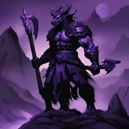 A fierce black dragonborn barbarian stands tall with dark scales glistening under the moonlight, breathing a stream of purple flames