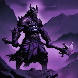 A fierce black dragonborn barbarian stands tall with dark scales glistening under the moonlight, breathing a stream of purple flames