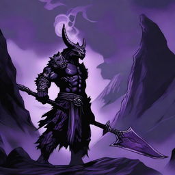 A fierce black dragonborn barbarian stands tall with dark scales glistening under the moonlight, breathing a stream of purple flames