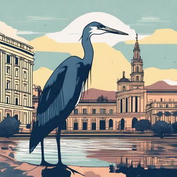 Create an image depicting a heron taking over Palermo, Argentina