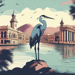 Create an image depicting a heron taking over Palermo, Argentina