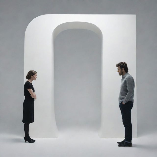 Two people, a man and a woman, separated by a giant, decorative letter 'S'. They appear to be a couple, engaged in a silent conversation with subtle expressions of unspoken emotions.