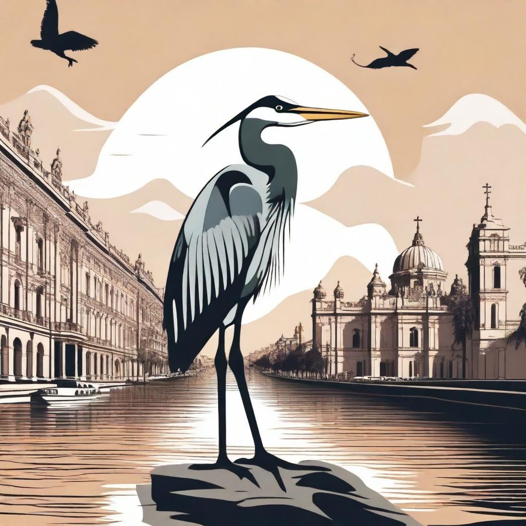 Create an image depicting a heron taking over Palermo, Argentina