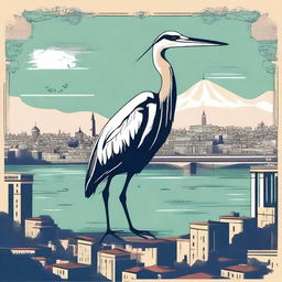 Create an image depicting a heron taking over Palermo, Argentina