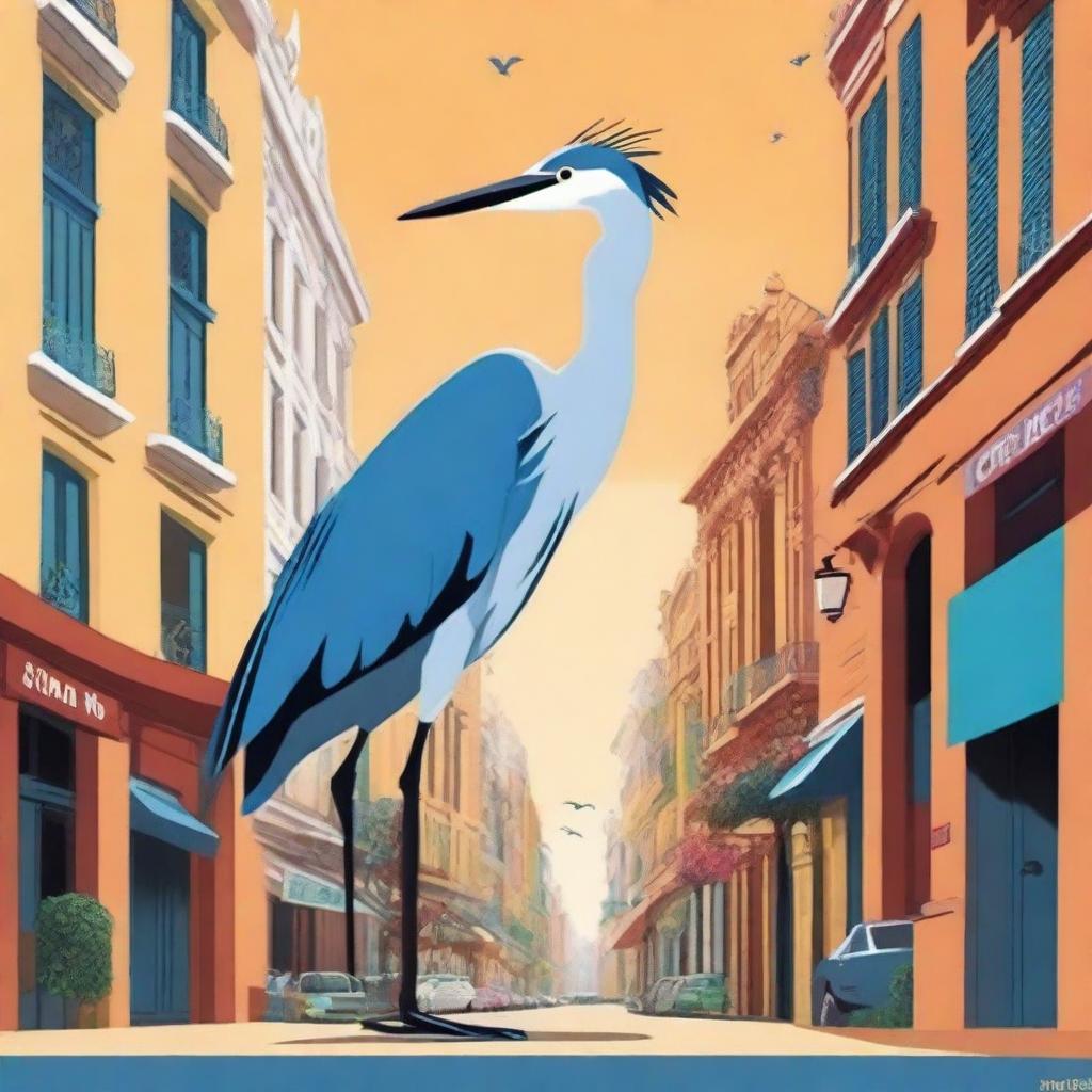 Create an image depicting a heron taking over Buenos Aires, Argentina, in the style of a Pixar movie