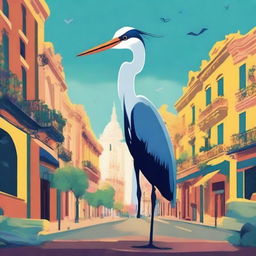 Create an image depicting a heron taking over Buenos Aires, Argentina, in the style of a Pixar movie