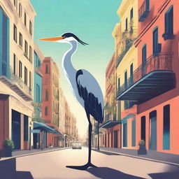 Create an image depicting a heron taking over Buenos Aires, Argentina, in the style of a Pixar movie