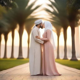 A romantic scene featuring a Muslim couple sharing a kiss