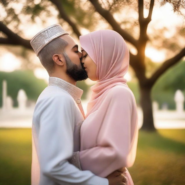 A romantic scene featuring a Muslim couple sharing a kiss