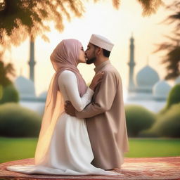 A romantic scene featuring a Muslim couple sharing a kiss