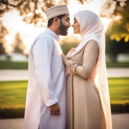 A romantic scene featuring a Muslim couple sharing a kiss