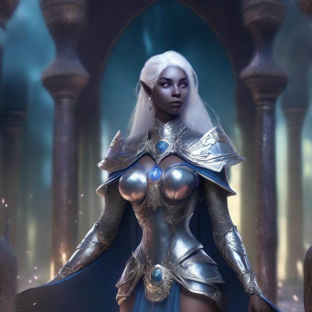 A noble and beautiful female drow, with elegant features and flowing silver hair