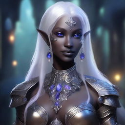 A noble and beautiful female drow, with elegant features and flowing silver hair