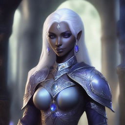 A noble and beautiful female drow, with elegant features and flowing silver hair