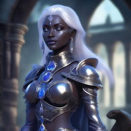 A noble and beautiful female drow, with elegant features and flowing silver hair