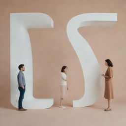 Two people, a man and a woman, separated by a giant, decorative letter 'S'. They appear to be a couple, engaged in a silent conversation with subtle expressions of unspoken emotions.