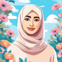 A beautiful illustration of a young woman wearing a hijab, standing in a serene garden with colorful flowers and a bright blue sky