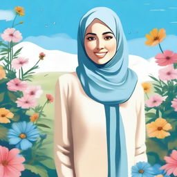 A beautiful illustration of a young woman wearing a hijab, standing in a serene garden with colorful flowers and a bright blue sky