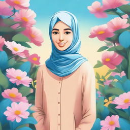 A beautiful illustration of a young woman wearing a hijab, standing in a serene garden with colorful flowers and a bright blue sky