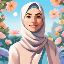 A beautiful illustration of a young woman wearing a hijab, standing in a serene garden with colorful flowers and a bright blue sky