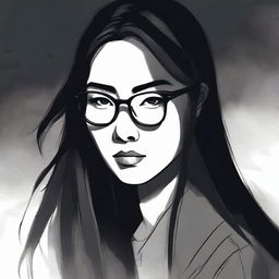 An illustration of a young Asian woman with glasses and long straight hair