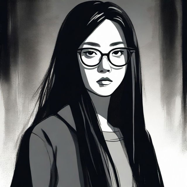 An illustration of a young Asian woman with glasses and long straight hair