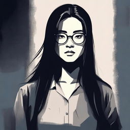 An illustration of a young Asian woman with glasses and long straight hair