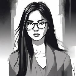 An illustration of a young Asian woman with glasses and long straight hair