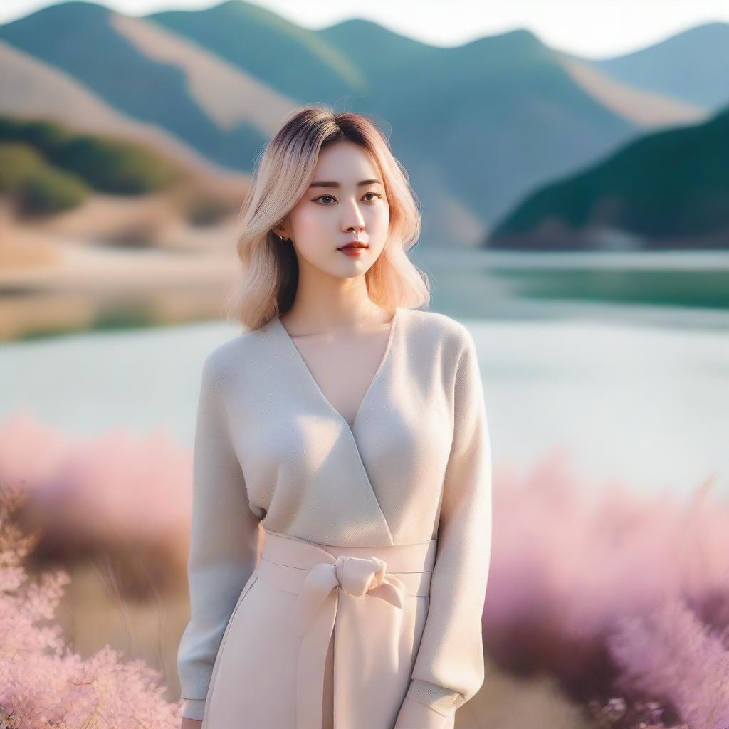 A beautiful Korean woman with blonde hair and a voluptuous figure, standing confidently