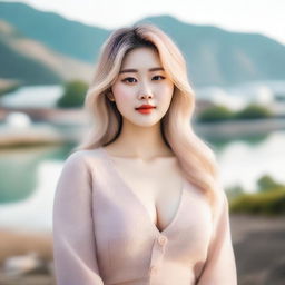 A beautiful Korean woman with blonde hair and a voluptuous figure, standing confidently