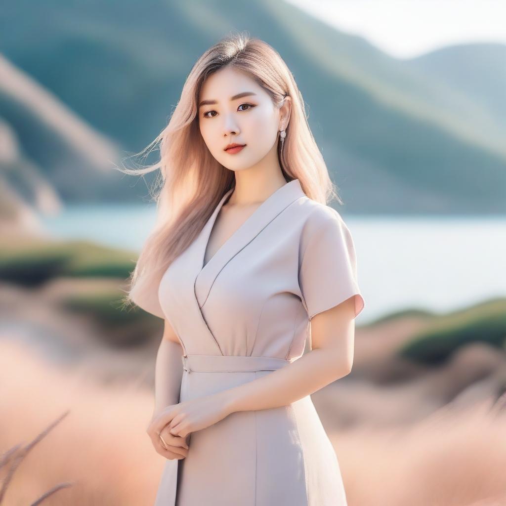 A beautiful Korean woman with blonde hair and a voluptuous figure, standing confidently