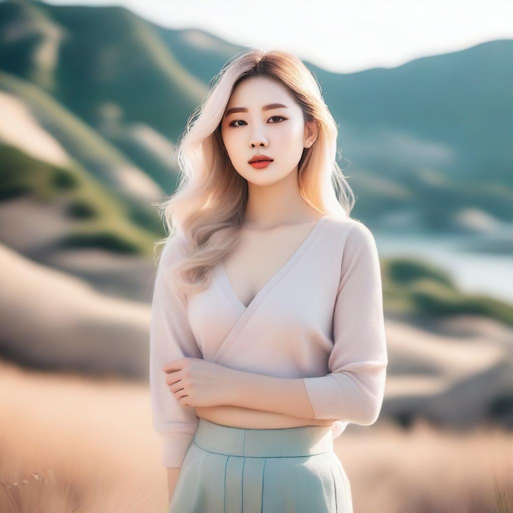 A beautiful Korean woman with blonde hair and a voluptuous figure, standing confidently