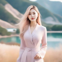 A beautiful Korean woman with blonde hair and a voluptuous figure, standing confidently