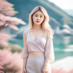 A beautiful Korean woman with blonde hair and a voluptuous figure, standing confidently