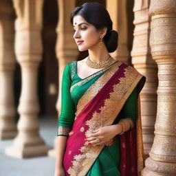 A beautiful Indian woman wearing a traditional saree with intricate designs